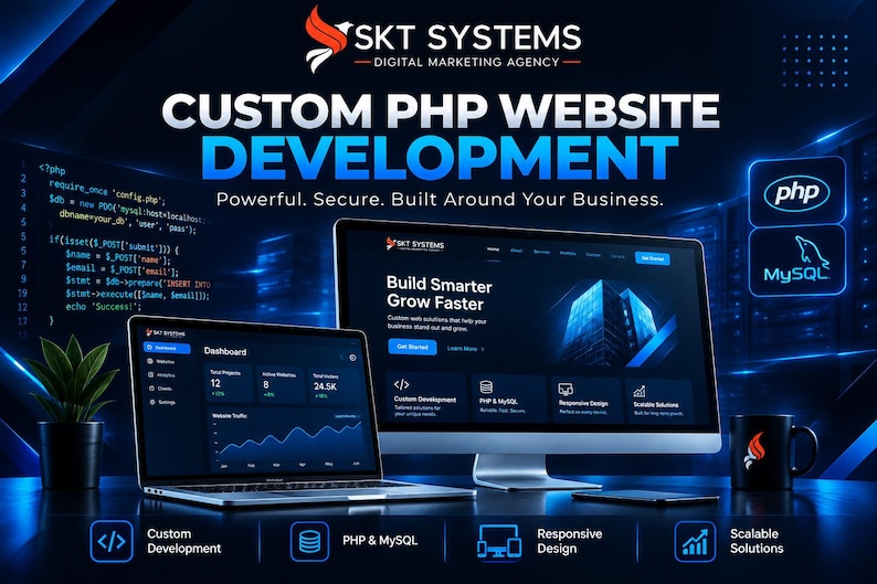 May include: A digital marketing agency advertisement featuring a laptop and monitor displaying a dashboard and website interface. The text reads SKT SYSTEMS, CUSTOM PHP WEBSITE DEVELOPMENT, Powerful, Secure, Built Around Your Business, and Build Smarter Grow Faster.