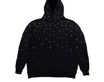 Men's Heavyweight Cotton Pullover Hoodie All-Over Rhinestone Printed Custom Manufacturer Oversize Bling Washed Technique