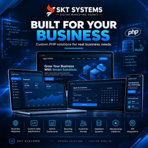 May include: A digital marketing agency advertisement for SKT Systems featuring a laptop, tablet, and smartphone displaying web dashboards, PHP code snippets, and MySQL icons against a dark blue background with the text Built For Your Business.