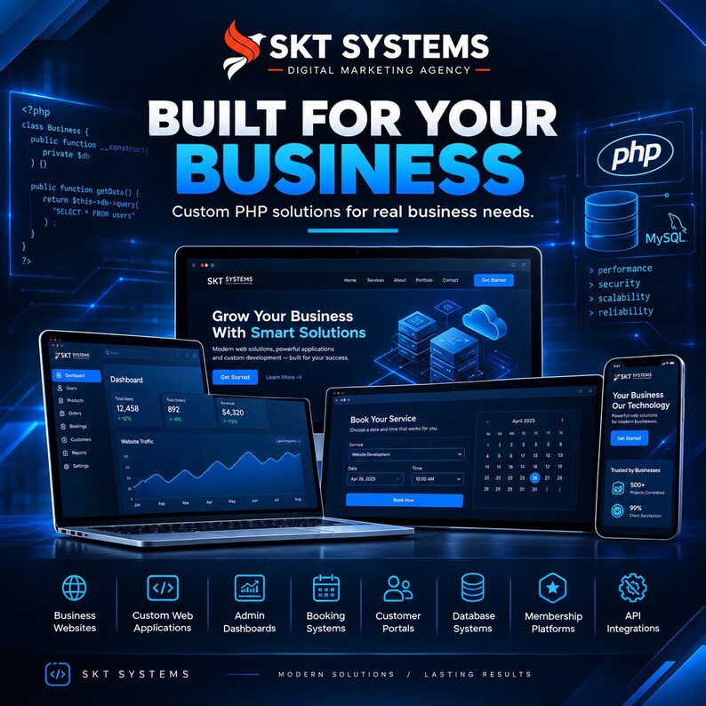 May include: A digital marketing agency advertisement for SKT Systems featuring a laptop, tablet, and smartphone displaying web dashboards, PHP code snippets, and MySQL icons against a dark blue background with the text Built For Your Business.