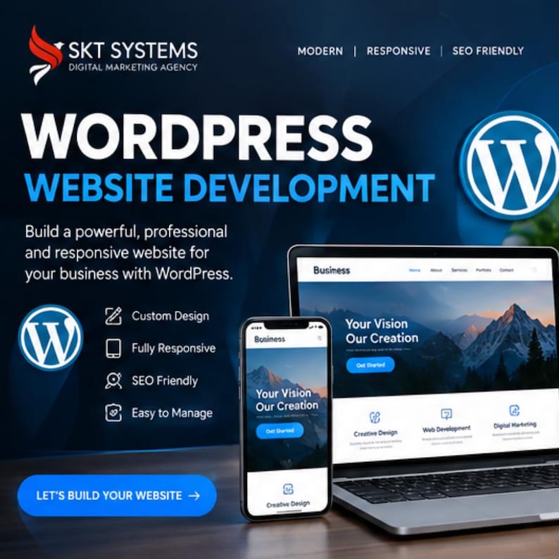 Op de afbeelding: Een digitale marketingadvertentie voor WordPress-websiteontwikkeling door SKT Systems. De afbeelding toont een laptop en smartphone met een zakelijke website met bergen, naast tekst die diensten zoals aangepast ontwerp en SEO opsomt.