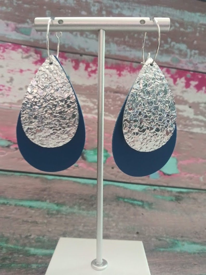 2 layer Large Blue and Silver Faux Leather Earrings