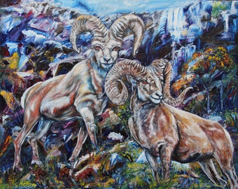 ORIGINAL oil canvas fantasy painting animal rocky mountain rams 30x24 hand painted by Yelena ram symbol about boldness new beginnings power