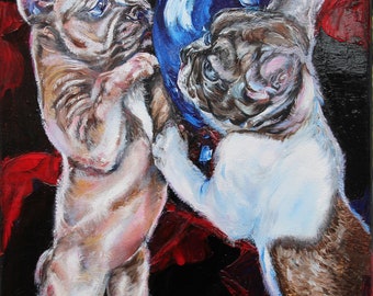 ORIGINAL Oil canvas knife fantasy painting pet animal "PLAYFUL PUPPIES" 16x20 hand painted by Yelena Rubin sweetest cutest most lovable dogs