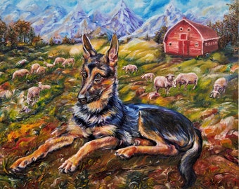 One of the kind oil on canvas painting -  Guardian Angel German Shepherd and sheep mountains, fields and barn