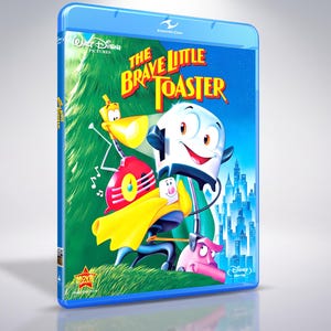 May include: A blue Blu-ray case for the film The Brave Little Toaster, featuring a colourful illustration of a toaster, a lamp, a radio, a vacuum, and a blanket against a city skyline. The title is printed in yellow and red text at the top.