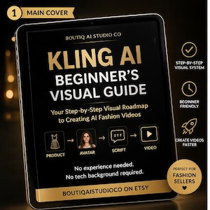 May include: A digital tablet displays a guide titled "KLING AI BEGINNER'S VISUAL GUIDE" with gold lettering on a black background. The guide promises a step-by-step visual roadmap for creating AI fashion videos. Icons and text indicate the process: product, avatar, script, and video.