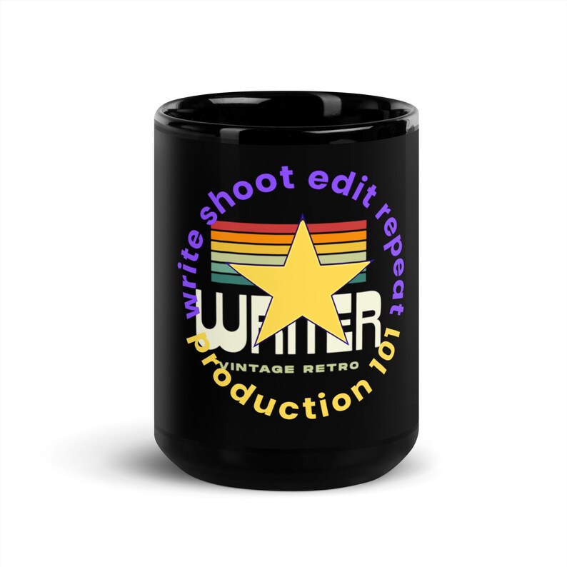 WRITER Vintage Retro Black Glossy Mug | Writer Gift | Filmmaker Coffee Mug | Vintage Retro Stripe | Film Industry | Production 101
