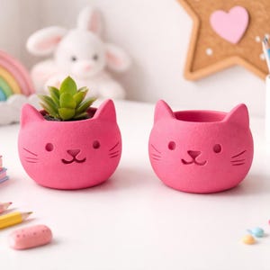 Può includere: Due vasi rosa a forma di gatto, uno con una piccola succulenta verde. I vasi hanno un simpatico design del viso con i baffi. Altri oggetti includono un arcobaleno, matite e un coniglietto.