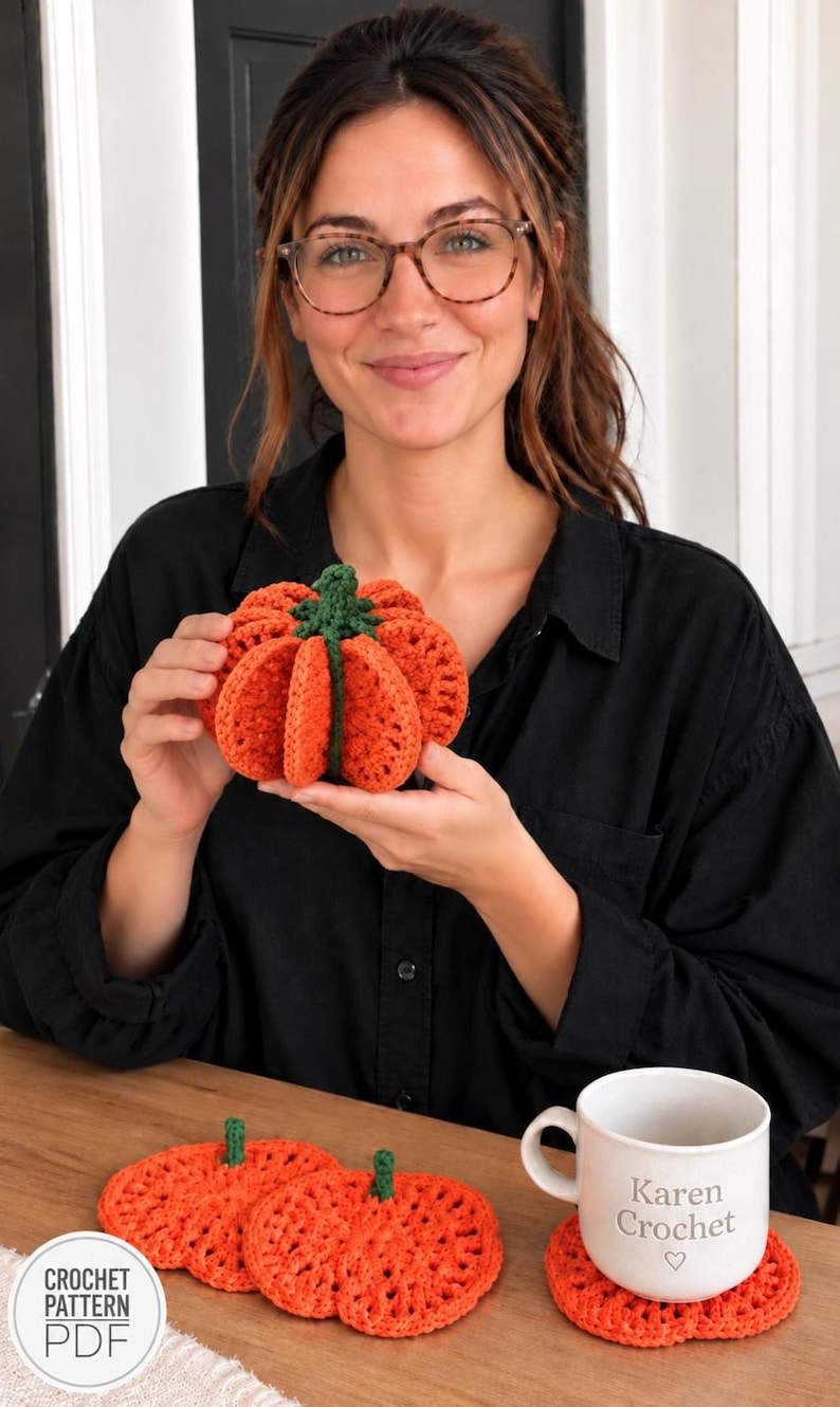 May include: A three-dimensional orange crochet pumpkin with a green stem, accompanied by two flat orange crochet pumpkin coasters and a white mug with the text Karen Crochet and a heart symbol. A circular label reads CROCHET PATTERN PDF.