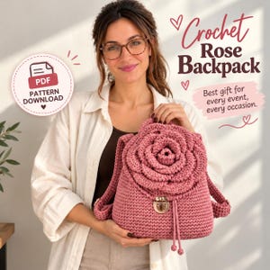 May include: A dusty rose crochet backpack featuring a large, dimensional rose-shaped flap, a metallic gold-tone clasp closure, and two shoulder straps. The image includes text reading Crochet Rose Backpack and PDF Pattern Download.