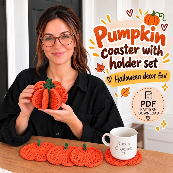 Pumpkin Coaster Set Crochet Pattern, 8 Openwork Coasters with Standing Pumpkin Holder, Beginner PDF, Fall Autumn Mug Rug Applique