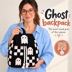 May include: A black and white crocheted backpack featuring a ghost pattern and a checkered design. The bag has a drawstring closure with white tassels. Text on the image reads: Ghost backpack, The most loved pick of the season, CROCHET PATTERN PDF.