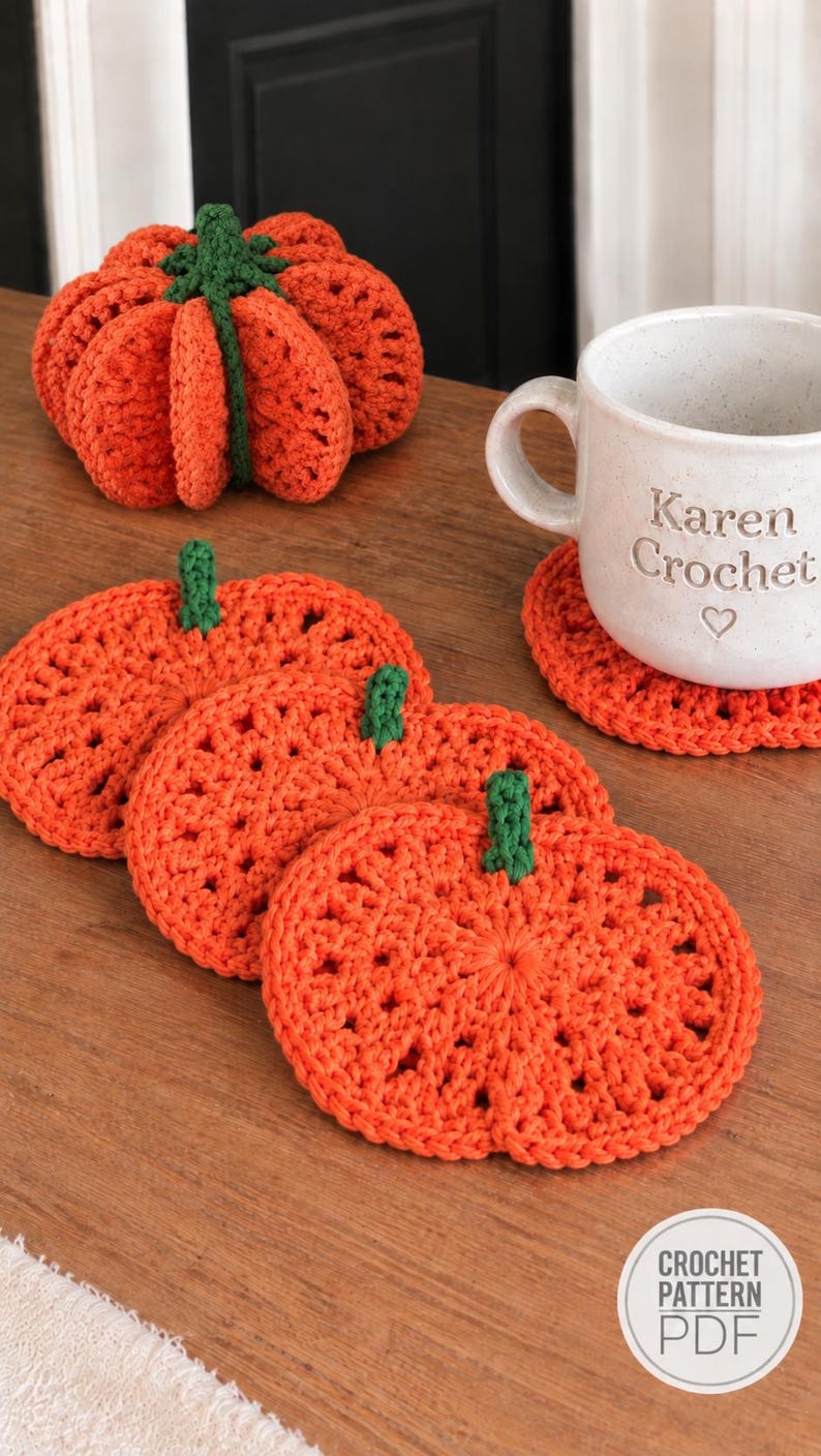 May include: A set of orange crochet pumpkin coasters with green stems, a three-dimensional crochet pumpkin, and a white ceramic mug with the text Karen Crochet and a heart symbol. A circular badge in the corner displays the text CROCHET PATTERN PDF.