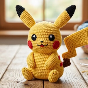 May include: A handmade yellow crochet Pikachu doll with black-tipped ears, red cheeks, and a zig-zag tail. The plush toy is sitting on a wooden surface. The doll is a popular character from the Pokémon franchise.
