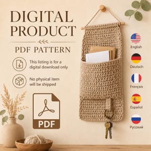 Padrão de Crochê para Organizador de Parede em PDF | Porta-Chaves com Bolso | Tutorial de Crochê para Decoração Boho | 48 x 25 cm | Inglês, Francês, Espanhol, Alemão