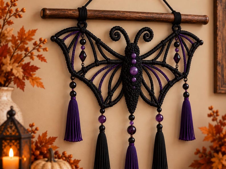 May include: A macrame wall hanging shaped like a butterfly with black cord, purple accents, and dark beads. The piece features intricate knotted wings, a central body with purple spheres, and five hanging tassels in black and purple colors.