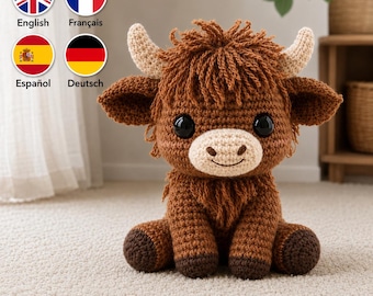 Padrão de crochê Amigurumi de Vaca das Terras Altas – Brinquedo de pelúcia realista sentado (Download em PDF)