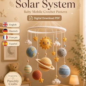 Patrón de ganchillo para móvil de bebé del sistema solar, planetas, sol y estrellas en amigurumi (descarga en PDF)