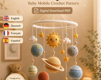 Schema per giostrina per neonati a tema Sistema Solare all'uncinetto, pianeti, sole e stelle in stile amigurumi (download PDF)