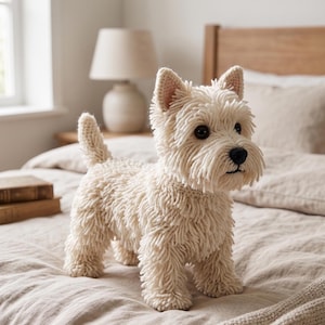 Könnte beinhalten: Handgefertigte West Highland White Terrier Hundefigur in cremefarbener Ausführung. Der Plüschhund hat ein strukturiertes, zotteliges Aussehen, mit einer schwarzen Nase und dunklen Augen. Der Hund steht auf einem Bett mit einer neutralfarbenen Bettdecke.