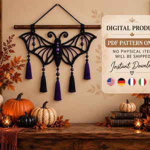 May include: A macrame wall hanging shaped like a bat with purple and black cord, beads, and tassels, suspended from a wooden rod. Text on the right reads: DIGITAL PRODUCT, PDF PATTERN ONLY, NO PHYSICAL ITEM WILL BE SHIPPED, Instant Download.