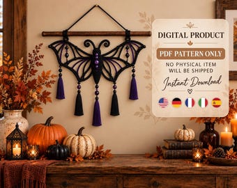 Bat Macrame Pattern PDF, Macrame Halloween Decor, Gothic Moth Wall Hanging, Macrame Fall Pattern, Makramee Wandbehang