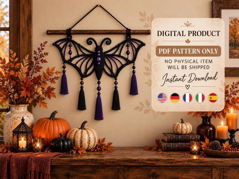 May include: A macrame wall hanging shaped like a bat with purple and black cord, beads, and tassels, suspended from a wooden rod. Text on the right reads: DIGITAL PRODUCT, PDF PATTERN ONLY, NO PHYSICAL ITEM WILL BE SHIPPED, Instant Download.