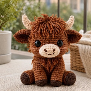 Puede incluir: Un peluche tejido a ganchillo con forma de vaca Highland, hecho con hilo marrón oscuro, un hocico beige claro y dos cuernos color crema. El juguete tiene grandes ojos de plástico negro, una sonrisa bordada y flecos en la cabeza y el pecho.