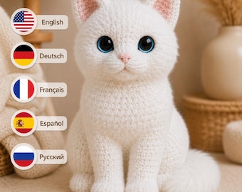 Weiße Katze Häkelanleitung, Realistisches Kätzchen Amigurumi Cap, Länge ca 25 cm, English Deutsch Français Español Русскир
