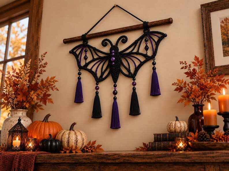 May include: A macrame wall hanging shaped like a bat with a black cord body and purple accents. The design features intricate knotted wings, a central body with purple beads, and five hanging tassels in alternating black and purple colors.