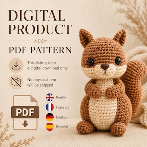 Patrón de ganchillo de ardilla en PDF, tutorial de amigurumi, juguete de animal del bosque (descarga instantánea)
