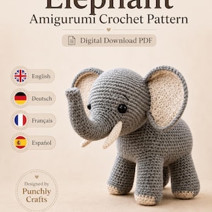 Patrón de amigurumi de elefante a crochet, tutorial para peluche de bebé (descarga digital en PDF)