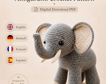 Schema per realizzare un elefante amigurumi all'uncinetto, schema per un peluche di animale all'uncinetto, schema per un giocattolo a forma di elefantino, tutorial di uncinetto in PDF, download digitale