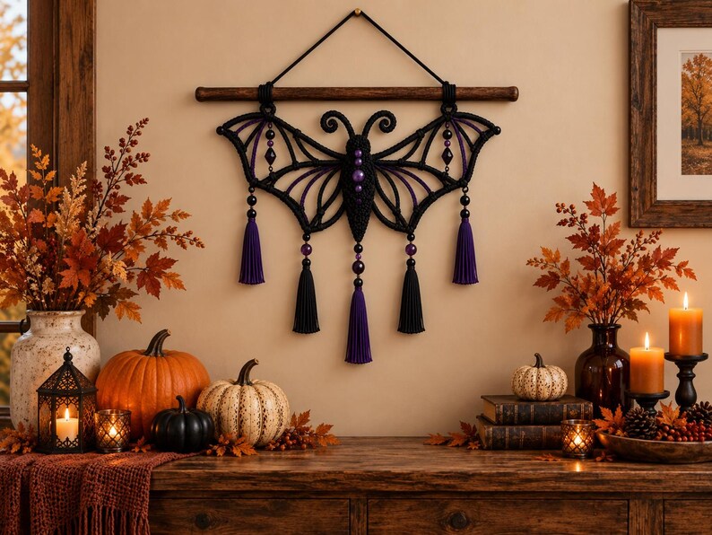 May include: A black macrame wall hanging shaped like a bat with purple accents and beads. The design features intricate knotted wings, a central body with purple beads, and five hanging tassels in alternating black and purple colors.