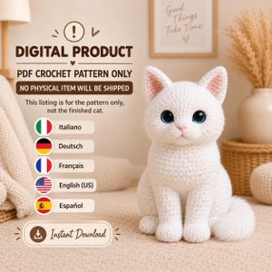 Virkmönster för vit katt i PDF-format, kattunge-Amigurumi ca 25 cm