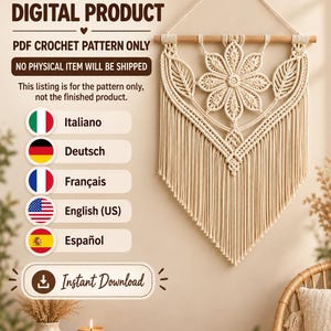 Wzór na kwiatową zawieszkę ścienną w stylu makramy w formacie PDF, samouczek dekoracji ściennych w stylu boho, ok. 55 x 75 cm, 5 języków, wersja cyfrowa do pobrania