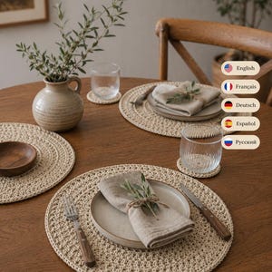 Round Crochet Placemat & Coaster Pattern PDF, 34–36 cm Boho Table Mat, English French German Spanish Russian