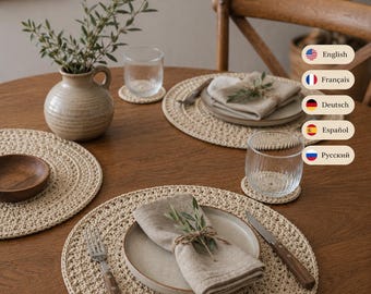 Rundes Häkel- Tischset & Untersetzer-Muster PDF, 34-36 cm Boho Tischset, Englisch Französisch Spanisch Russisch