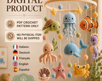 Amigurumi Ocean Baby Mobile Pattern PDF, Crochet Sea Animals Crib Mobile, Digital Nursery Decor, DIY Baby Shower Gift, 5 Languages