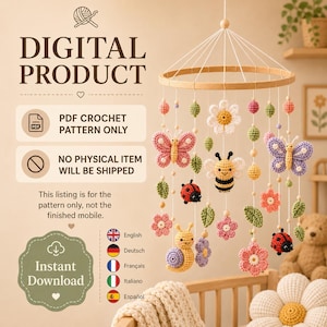Peut inclure: Un produit numérique pour un patron de crochet PDF représentant un mobile avec des éléments crochetés suspendus, incluant des papillons, une abeille, des coccinelles, un escargot, des fleurs et des feuilles sur un cerceau en bois.
