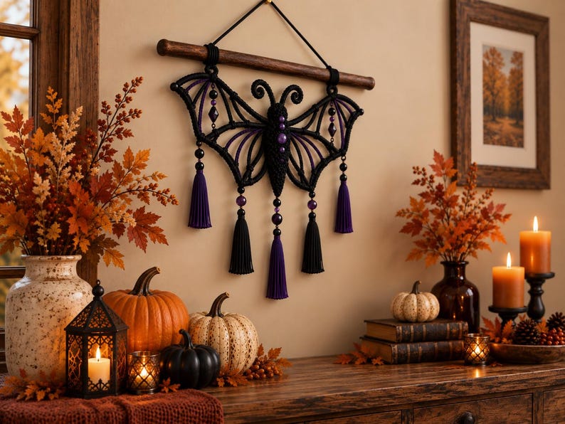 May include: A macrame wall hanging shaped like a bat with purple and black cord, featuring purple and black beads and five hanging tassels. The bat is suspended from a horizontal wooden dowel by a black cord, creating a symmetrical design.
