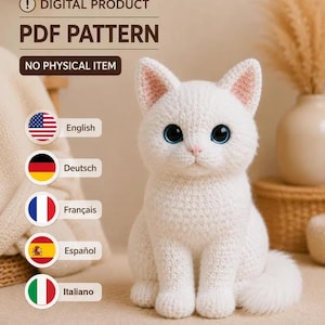 Vit katt virkmönster PDF, realistisk kattunge Amigurumi Ca 25 cm, English Deutsch Français Español Italiano