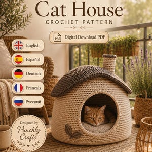 Crochet Cat House Pattern, Cozy Chimney Cat Bed Amigurumi, 30cm (English, Français, Deutsch)