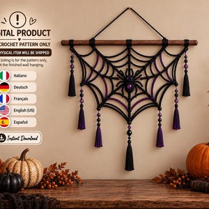 May include: A macrame wall hanging featuring a black spider web design with a central spider, purple and black beads, and hanging tassels suspended from a wooden rod. The text reads DIGITAL PRODUCT PDF CROCHET PATTERN ONLY.