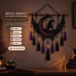 May include: A digital PDF crochet pattern for a wall hanging featuring a black crescent moon and a witch hat. The design includes purple and black tassels, gold star charms, and a pentacle emblem. Text reads: DIGITAL PRODUCT PDF CROCHET PATTERN ONLY.