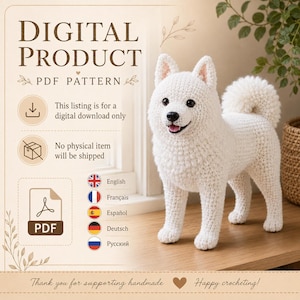 Samoyed Dog Crochet Pattern PDF, Realistic Amigurumi Spitz Puppy Tutorial, Digital Download