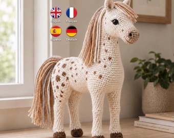 Realistisches Häkelmuster, Amigurumi Pferd PDF Muster, geflecktes Pony häkeln, English Deutsch Français Espanol, Sofort Download