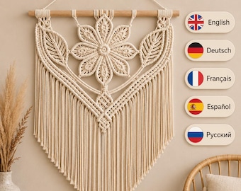Makramee Blumen-Wandbehang Muster PDF, Boho-Wand-Dekor-Anleitung, Ca. 55 x 75 cm, 5 Sprachen Digitaler Download