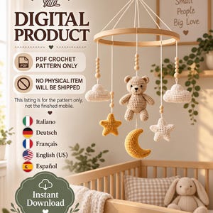 Teddy Bear Crochet Baby Mobile Pattern PDF, Moon Stars Clouds, Neutral Nursery, 5 Languages